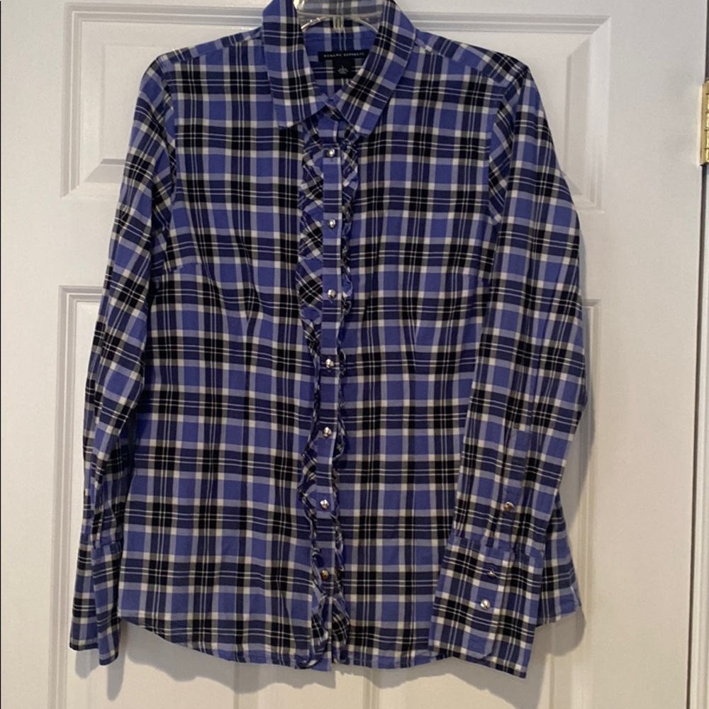 Banana Republic plaid button down with ruffle